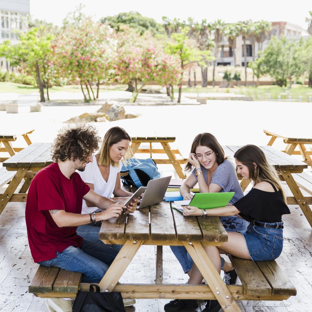 Students group chatting on campus